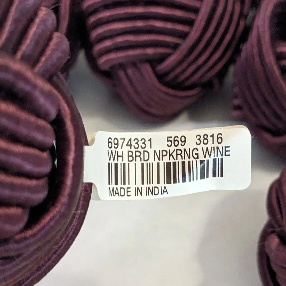 Williams Sonoma Home Braided Knot Napkin Rings Set of 8 Wine Burgundy NEW